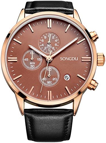 SONGDU Date Rose Gold Unisex Multifunction Chronograph Mens Watches Stopwatch Timer Black Leather Strap