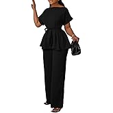 Women's 2 Piece Outfits Suit Set Short Sleeve Peplum Top Flared Pants Sets Business Pantsuits