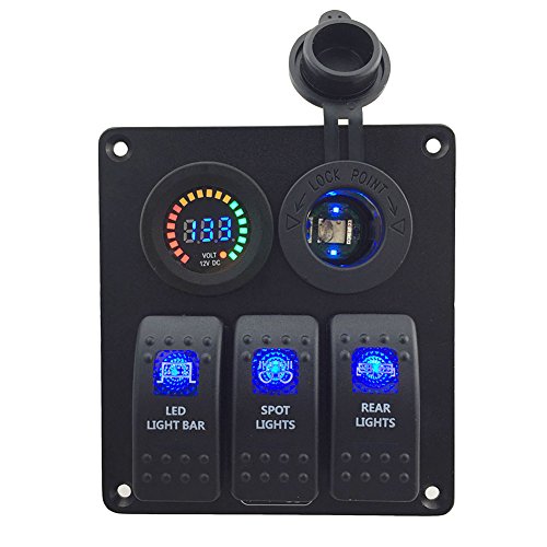 LIANGXIE Waterproof DC12V 3 Gang blue Rocker Switch Panel With DC 12V voltmeter & Power Charger Socket for Marine Boat Car