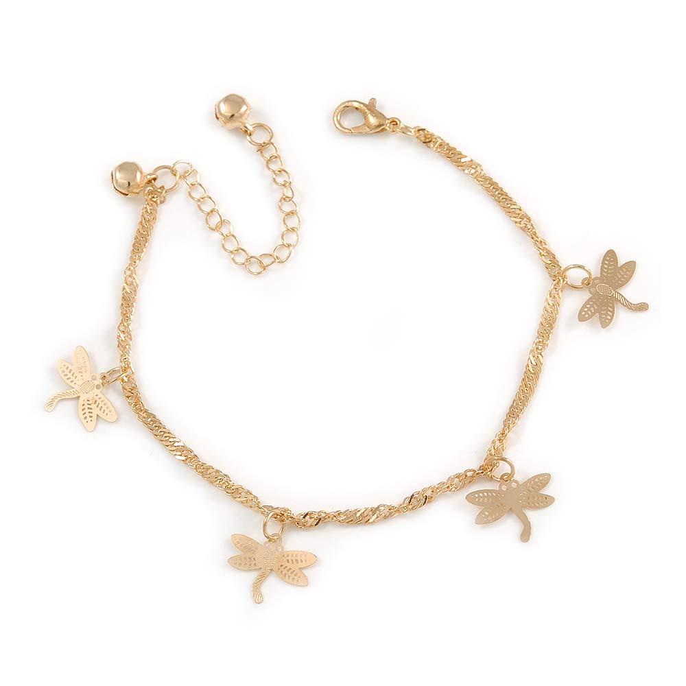 Avalaya Ankle Chain/Anklet/Beach Anklet Foot Jewellery with Dragonfly Charms for Women Girl In Gold Tone Metal - 19cm L/ 6cm Ext