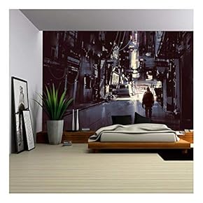 Illustration - Man Walking Alone in Dark City,Illustration Painting - Removable Wall Mural | Self-Adhesive Large Wallpaper - 66x96 inches