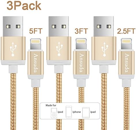 Lightning Cable [3 Pack] Ansuda [2.5FT 3FT 5FT] Nylon Braided Charging Cable Data &amp; Sync Charging Cord 8-Pin Lightning to USB Cable Charger for iPhone7/7 plus iPhone6/6s/6 plus/6s plus, iPhone 5/5s…