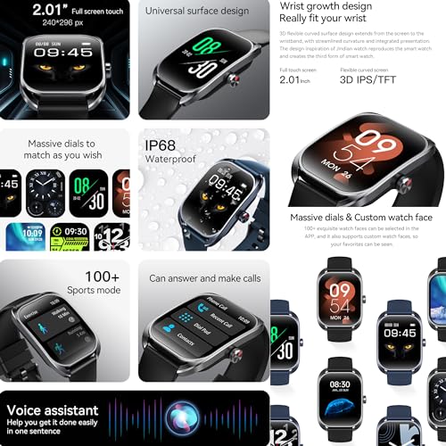 MYSHUN Reloj Inteligente Mujer con Llamadas, 2,01 Pulgada Smartwatch Hombre Deportivo con Podometro Pulsometro SpO2 Sueño Presion Arterial Actividad IP68 Reloj Digital para iOS Android (Negro)