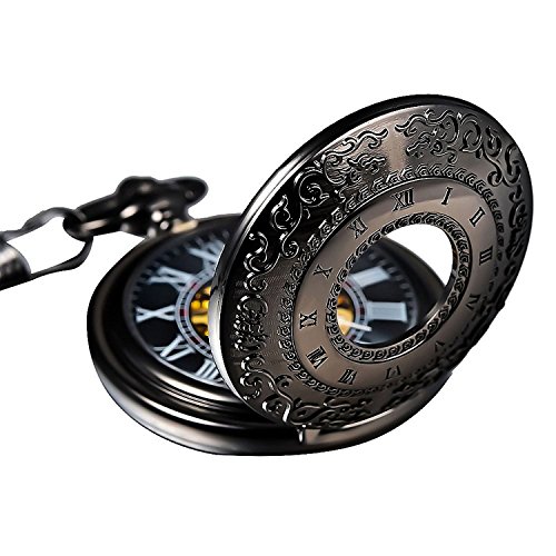 Carrie Hughes Men Vintage Steampunk Roman Numerals Skeleton Mechanical Pocket watch with chain Gift box (Black-Totem)