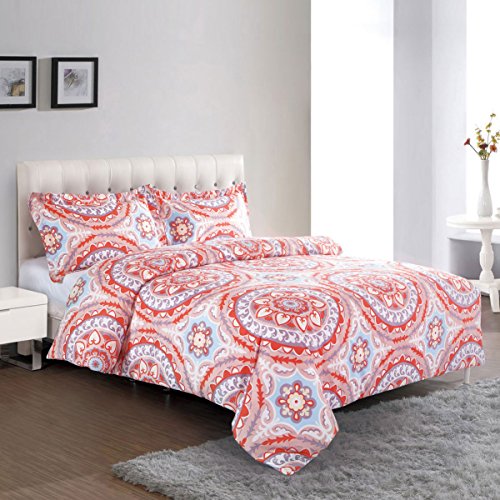 Bohemian Comforter Set Queen, 3-Piece Coral Pink Boho Chic Mandala Medallion Printed on White, Soft Microfiber Bedding (3pcs, Queen Size)