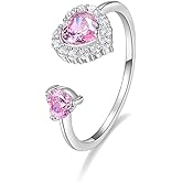 Pink CZ Crystal Heart Ring for Women S925 Sterling Silver Love Hearts Open Statement Ring Simple Stacking Eternity Wrap Finger Band Delicate Jewelry