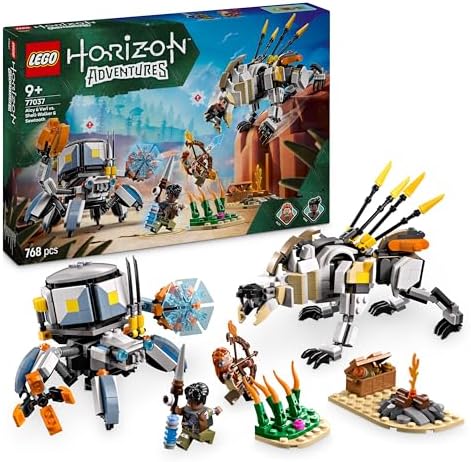 Horizon Adventures Aloy und Varl vs. Panzerwanderer und Sägezahn, Spielzeug mit Monstermaschinen und Minifiguren, Spielset zum Sammeln für Fans vom Videospiel, Jungen & Mädchen ab 9 Jahren 77037