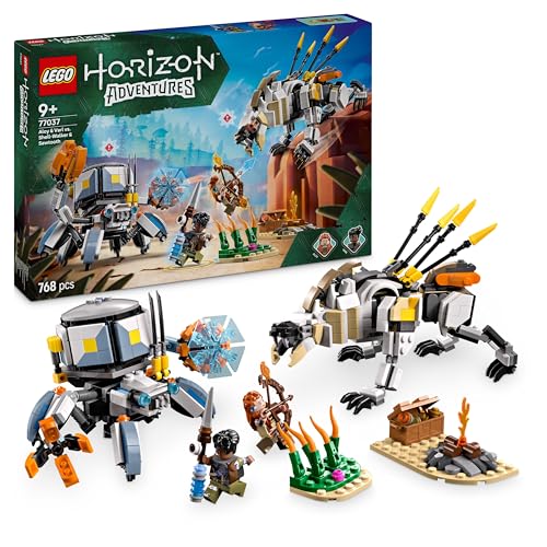 Horizon Adventures Aloy und Varl vs. Panzerwanderer und Sägezahn, Spielzeug mit Monstermaschinen und Minifiguren, Spielset zum Sammeln für Fans vom Videospiel, Jungen & Mädchen ab 9 Jahren 77037