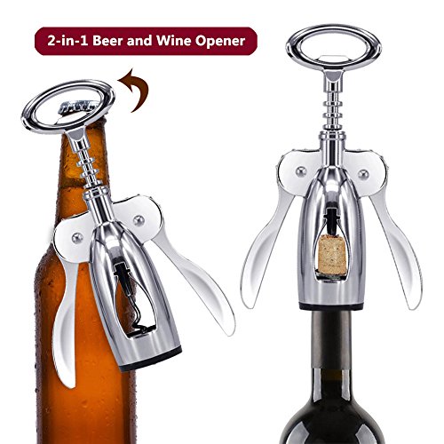 Foho Wing Corkscrew Wine Opener, Premium All-in-one Wine Corkscrew and Bottle Opener With Bonus Wine Stopper, Waiters Corkscrew - Handheld Design - Stainless Steel - Thumbnail 4