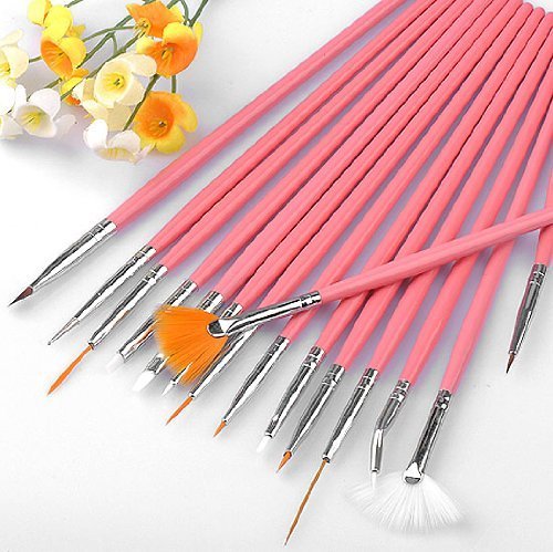 Leegoal 15pc Nail Art Design Dotting Brush Painting Pen Tool Set Pink Stick DIY Fit Tips