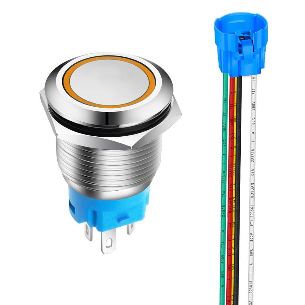 Gebildet 1 Piece 0.75 Inch/19mm Stainless Steel Momentary Push Button 12V-24V 5A LED 1NO1NC SPDT ON Off Waterproof with Wire Socket Plug(Orange LED) โ image 1