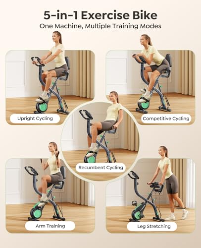 TOPUTURE Exercise Bike, 5-in-1 Folding Stationary Bike with 16-Level Magnetic Resistance, Quiet Indoor Workout Bike with LCD Monitor & APP, Folding Exercise Bike with Backrest Seat, 310 LBS Capacity