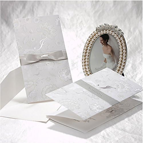 VEMELKA Silver Embossed Wedding Invitations Cards with Ribbon Set of 50pcs Invite Card for Engagement-Graduation-Bridal-Shower B8010