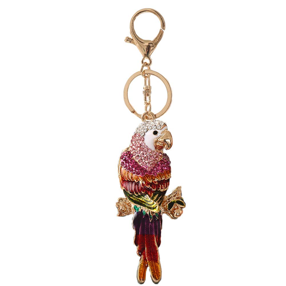 Parrot Rhinestones Keychain,Gold Bling Crystal Charm Keyring Pendant (Pink)