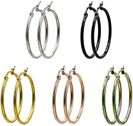 Stainless Steel Hoop Earrings for Woman 5 Pairs Endless Hoops Set (30MM 5-COLORS)