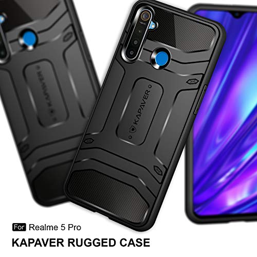 KAPAVER® Rugged Back Cover Case for Realme 5 Pro MIL-STD 810G Officially Drop Tested Solid Black Shock Proof Slim Armor