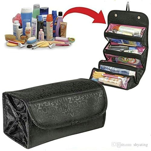 NYALKARAN JARI NK-Store's Women's PVC Foam Jacquard Black Cosmetic/Make-up/Jewellery/Toiletry Roll-N-Go Foldable Travel Bag Pouch Organizer