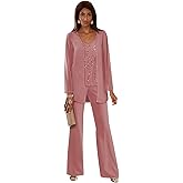 Senunlia 3 Pieces Chiffon Mother of The Bride Pant Suits for Wedding Sequin Wedding Guest Outfit for Women with Jacket
