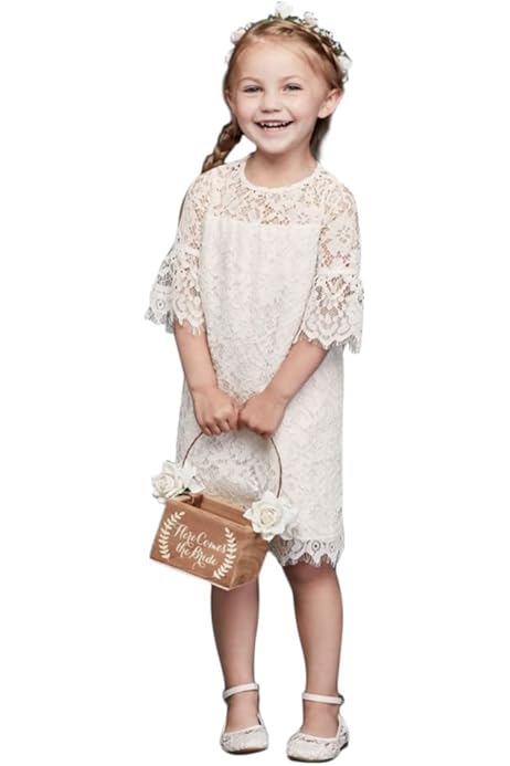 short lace flower girl dress with illusion sleeves