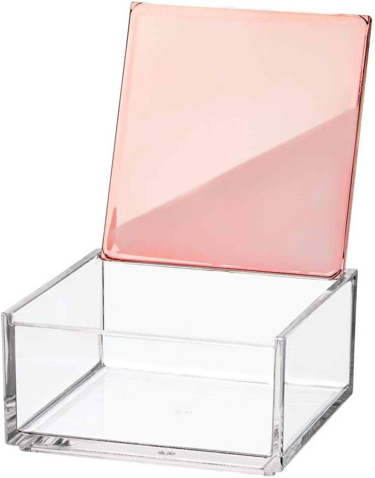 mDesign Mini Makeup Organizer Box with Decorative Lid for Bathroom Vanity Countertops, Cabinet - Store Lipstick, Lip Gloss, Blush, Concealer, Jewelry - Plastic, Clear/Rose Gold: Home & Kitchen