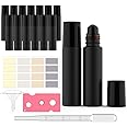 Seafulee 15Pack 10 ml Glass Bottles for Essential Oils, Perfume With Glass Roller Balls (Black Coated, Extra Balls, Labels, Opener, Funnels, Droppers)