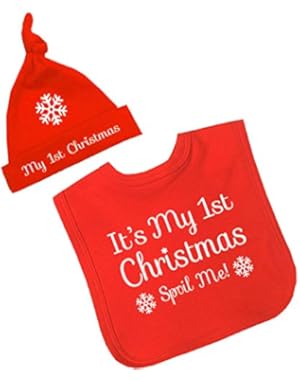 Baby Bib & Hat Set My 1st Christmas Spoil Me Clothes Boy Girl Red