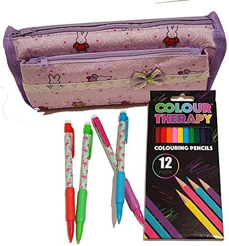 Stationary Stuff Girls Back To School Set Colouring Pencils Set Large Pink/Purple Pencil Case and 4 Pack mechanical pencils