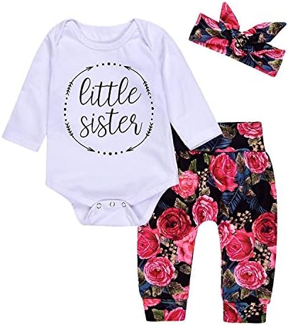 3Pcs Newborn Baby Girls Romper Bodysuit Little Sister Tops Floral Pants Bowknot Headband Cotton Clothes Outfits Set (white, Label 90/9-12mos.)