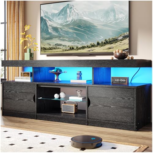 Simple Wisdom Mueble para TV de 75 Pulgadas, Moderno Mueble para TV con tomacorriente, Centro de Interior de Alto Brillo con Almacenamiento y Luces LED, Negro