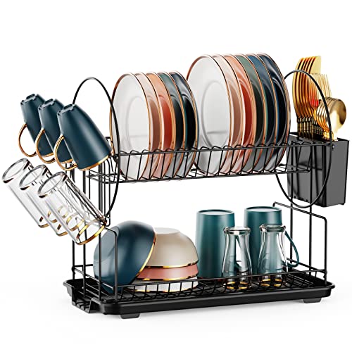 iSPECLE Dish Drainer Rack, Small Dish Drainers for Kitchen Counter 2 Tier Dish Rack with Cup Holder Utensil Holder and Drainboard Set (0031-Black)