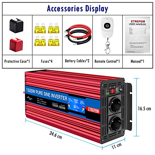 ETREPOW 1500W Inverter 12 V 220 V Pure Sine Wave Transformer with 2 EU and USB Sockets, Wireless Remote Control, LCD Display, Peak 3000 W