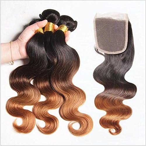 Ombre Hair Extensions Brazilian Body Wave Hair Weave Bundles Three Tone 1B/4/30 Virgin Human Hair Extensions 3 or 4Pcs/Lot with Free Part Lace Closure (12 12 12 +12)