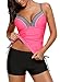 Women Push up Tankini Tops Swimsuit with High Waisted Swim Boyshort Set Two Piece Bathing Suit Swimwear Pink M 8 10