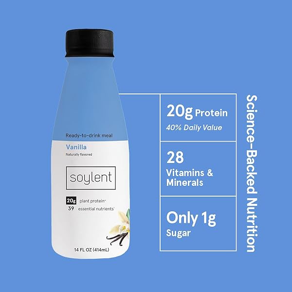 SOYLENT VANILLA MEAL REPLACEMENT SHAKE, READY-TO-DRINK PLANT BASED PROTEIN DRINK, CONTAINS 20G COMPLETE VEGAN PROTEIN AND 1G SUGAR, 14OZ, 12 PACK