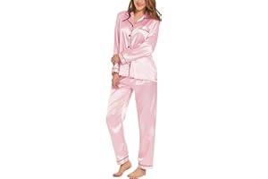 SWOMOG Womens Silk Satin Pajamas Set Long Sleeve Button Down Sleepwear 2 Piece Lounge Set Pj Set XS-3XL