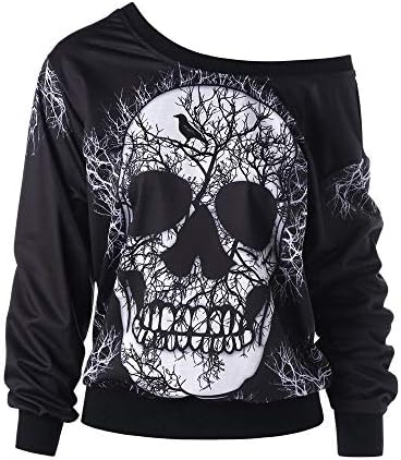 JURTEE Fashion Women's Tops Ladies Autumn Winter Long Sleeve Off Shoulder Skull Head Print Blouse T-Shirt Tops