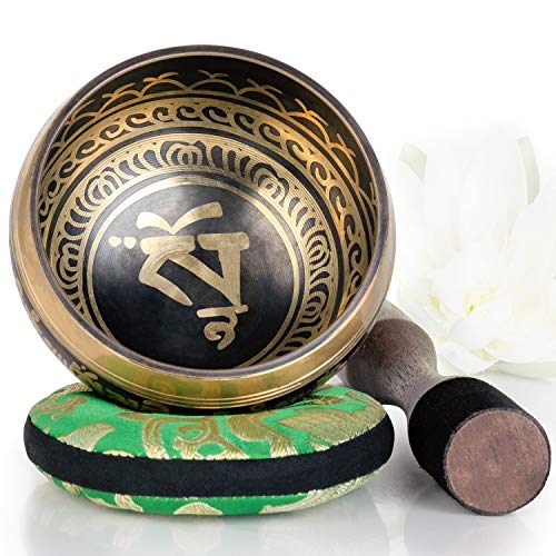 Tibetan Singing Bowl Set - Easy to Play with Dual-End Striker - Beautiful Sound for Holistic Healing, Stress Relief, Meditation & Relaxation - Balance Pattern Light Bronze Bowl - Yoga singing bowls