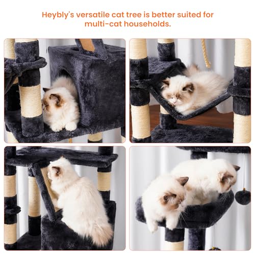 Heybly Cat Tree for Large Cats,68 inch Multi-Level Cat Tower for Indoor Cats,2 Widened Plush Perches Cat Condo with Scracthing Board and Big Caves,Smoky Gray HCT025G
