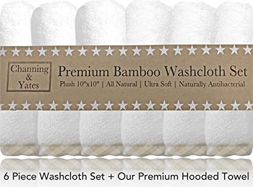 Premium Hooded Baby Towel + (6 Piece) Washcloth Gift Bundle - Organic Bamboo Baby Towels - Thick & Soft - Baby Towel and 6 Washcloth Baby Shower Gift Set - (Unisex Beige Gingham Bundle)