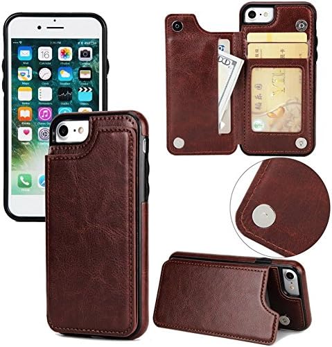 iPhone X Wallet Case，iPhone X Card Holder Case, Leather Kickstand Card Slots Case,Double Magnetic Clasp and Durable Shockproof Cover（Brown