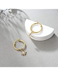 Moon & Star Charms Huggie Hoop Earrings for Women, Dangle Hoops for Teen Girls, 14K Gold Plated with Cubic Zirconia & Opal Earrings