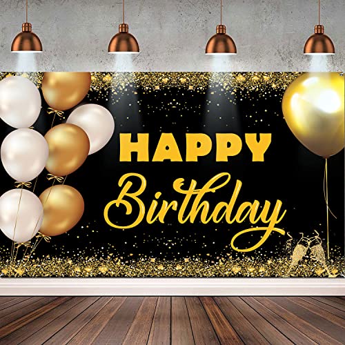 Happy Birthday Backdrop Banner 5.9x3.9 FT Extra Large Black and Gold Sign Poster for Birthday Anniversary Party Decoration Supplies, Style B