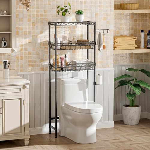 LOKOOY Estantería sobre el Inodoro, Organizador de Baño de 7 Niveles Ajustable, Mueble para Inodoro, Ahorro de Espacio con Ganchos (Negro Moderno)
