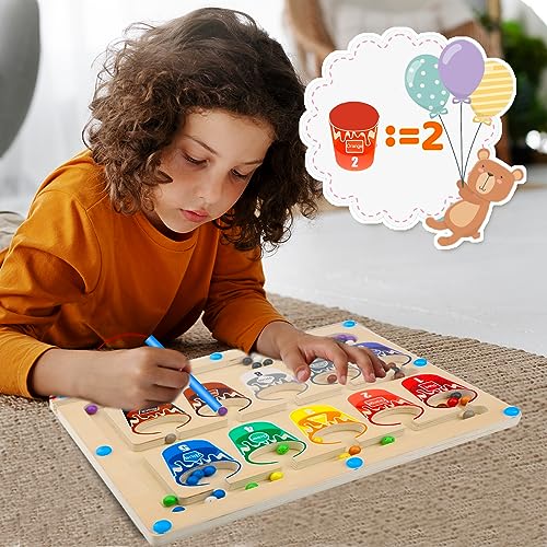 Color and Number Maze Wooden Board Puzzle Game Toddler, Counting Maze