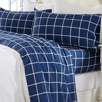 Great Bay Home Extra Soft Windowpane 100% Turkish Cotton Flannel Sheet Set. Warm, Cozy, Luxury Winter Bed Sheets. Belle Collection (Queen, Navy/White)