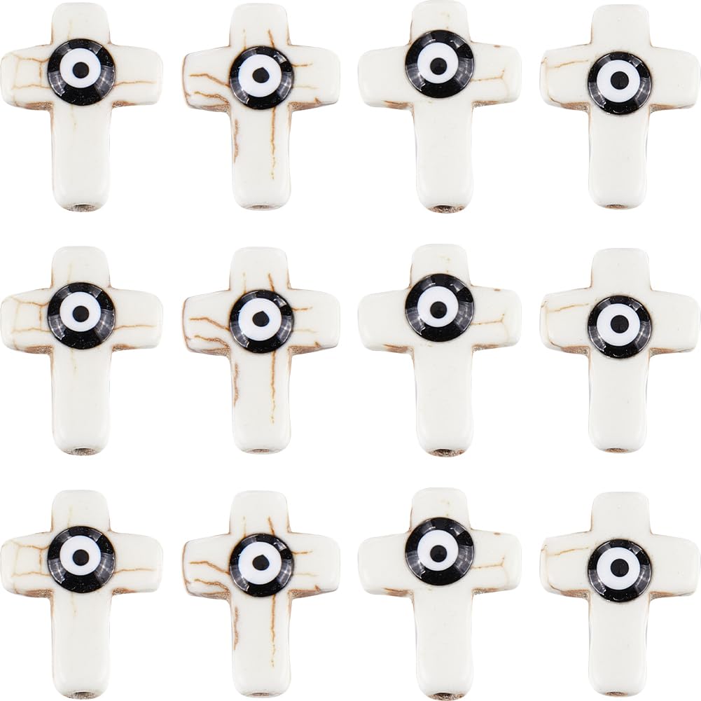 SUNNYCLUE 1 Box 60Pcs Cross Bead Bulk Crucifix Beads Synthetic Turquoise Stone White Pocket Crosses with Black Evil Eyes Easter Charms Mini Cross Spacer Bead for jewellery Making Supplies DIY Bracelet
