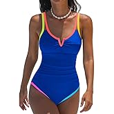 popvil One Piece Swimsuits Women 2026 Tummy Control - Modest Bathing Suit Shapewear Swimwear Retro Neon Swim Suit
