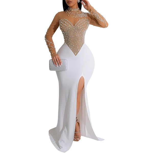 fitted lace wedding dress Beaded Long V-Neck Formal Dress with Long Sleeves– PromGirl