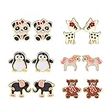 FSMILING 6 Pairs Cute Enamel Unicorn Panda Penguins Deer Elephants Bears Stud Earrings Set for Girls