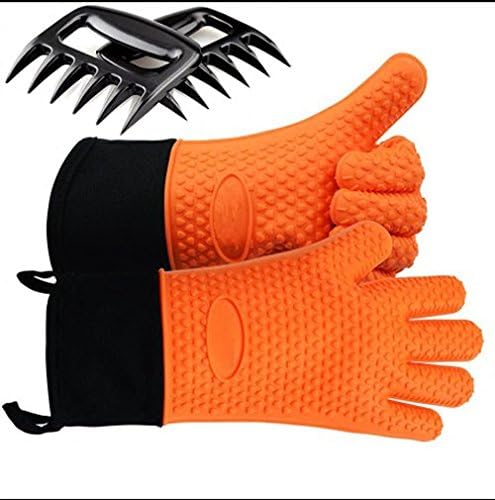 Silicone Gloves for Cooking, Silicone Grilling Cooking Gloves + Claws, Long Waterproof Potholder with Non-Slip Grip for Baking, Barbecue (Orange)